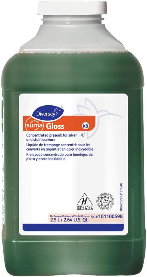 Diversey SUMA Gloss Flatware Presoak, Citrus, J-Fill, 2.5 L | Silver Detarnishing, Stainless Flatware Presoak, Tough Soil Removal, High Yield Formula, Improved Appearance