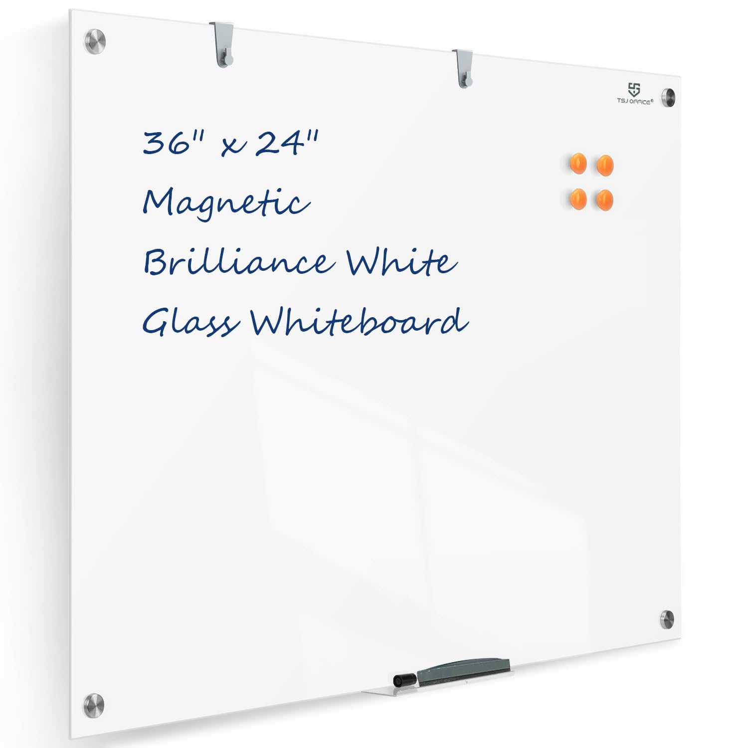 TSJ OFFICE Glass Dry-Erase Board - 36 x 24 Inches Brilliance White Magnetic Glass Whiteboard, Wall Mounted Large Frameless White Board for School,