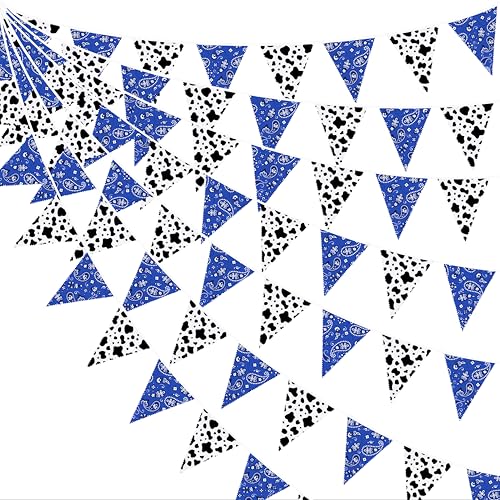 Image of 32Ft Western Cowboy Party Decorations Blue Paisley Bandana Pennant Banner Fabric Triangle Flag Wild West Garland Streamers for Western Cowboy Birthday Yee Haw Country Baby Shower Party Decor Supplies