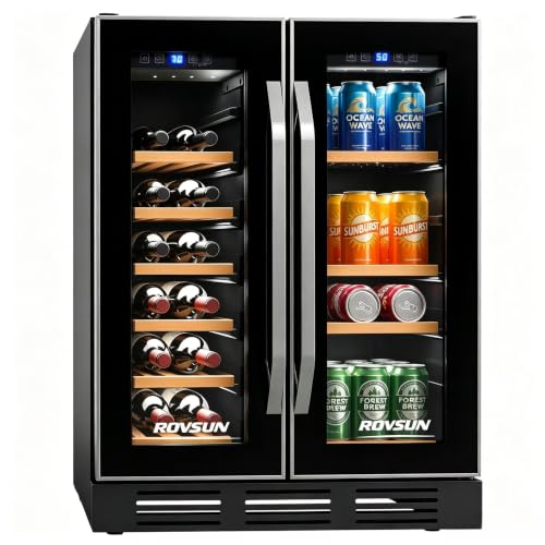 Image of ROVSUN 17 Bottles & 61 Cans Wine and Beverage Refrigerator, Dual Zone Wine Cooler with 37-64F Temp Control & LED Light, Built-in /Freestanding /Under Counter Wine Fridge for Red Wine, Champagne, Beer