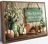 Framed Country Kitchen Food Still Life Canvas Wall art Vintage Rustic Farmhouse This Kitchen Offers Food Love and Joy Painting Picture Wall Decor Poster Print Artwork for Dining Room Home Decoration