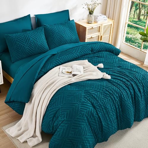 Image of Andency Oversized King Size Comforter Set 7 Pieces Teal - Bed in a Bag Oversized King Boho Lightweight Fluffy Tufted Bedding Sets with Comforter, Sheets, Pillowcases & Shams