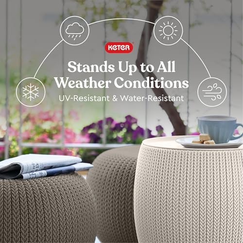 KETER Urban Knit Pouf Ottoman Set of 2 with Storage Table for Patio and Room Décor-Perfect for Balcony, Deck, and Outdoor Seating, Cream & Taupe by Keter - Image 3