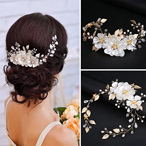 XOPOZON Braut Haarschmuck Hochzeit, Handgemachte Perle Reben Blumen Blätter Brautschmuck, Kristall Haarkamm Haarschmuck für Bräute und Brautjungfern, Damen und Mädchen (Gold) Cover