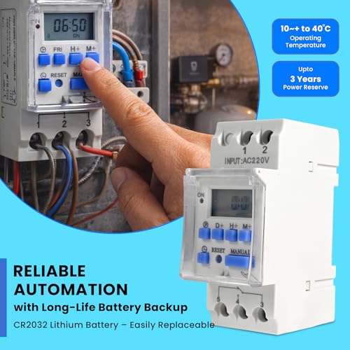 Image of Programmable Digital Timer Switch 30A | Daily & Weekly Time Relay Controller | DIN Rail Mount | LCD Display Automatic ON Off Timer | 30A / 240V AC Includes Battery Backup