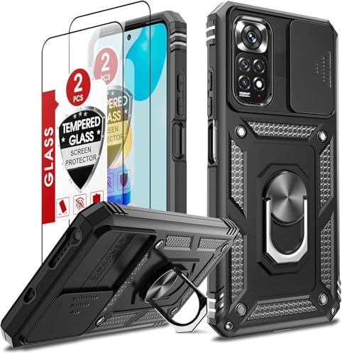 LeYi Funda para Xiaomi Redmi Note 11 / Note 11S 4G 6.43' con 2 Piezas Vidrio Templado, Armor Carcasa Cubierta de cámara Deslizante Proteger con 360 Anillo Soporte PC y Silicona TPU Case, Negro
