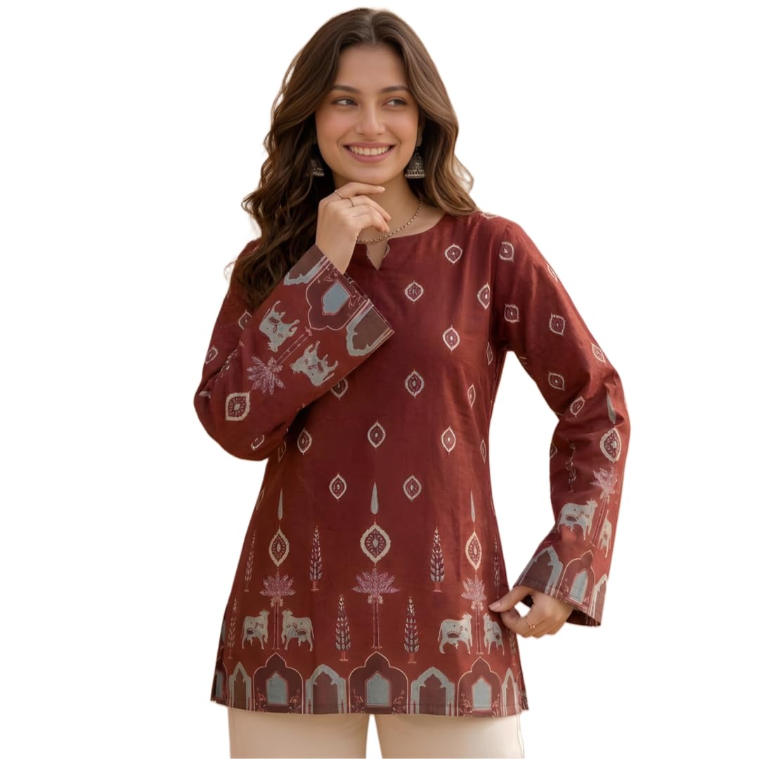 Women's Pure Cotton Kalamkari Printed Tunic Top | Full Bell Sleeve Tie-Up Back Indo-Western Short Kurti for Daily & Casual Wear (Maroon)-image-39