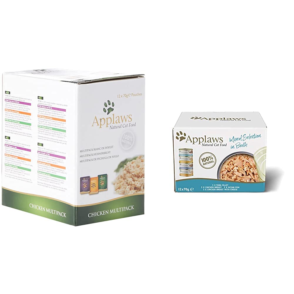 Applaws100% Natural Wet Cat Food, Chicken Selection in Broth Pouch, 12 x 70 g Pouches & 100% Natural Wet Cat Food, Multipack Fish and Chicken Mixed Selection in Broth 70 g Tin (Pack of 12)
