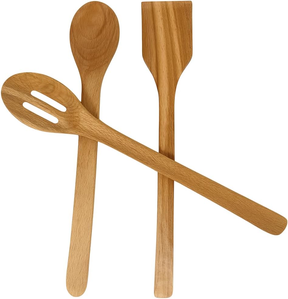 3 Piece Teak Wooden Cooking Utensil Set for Nonstick Pans