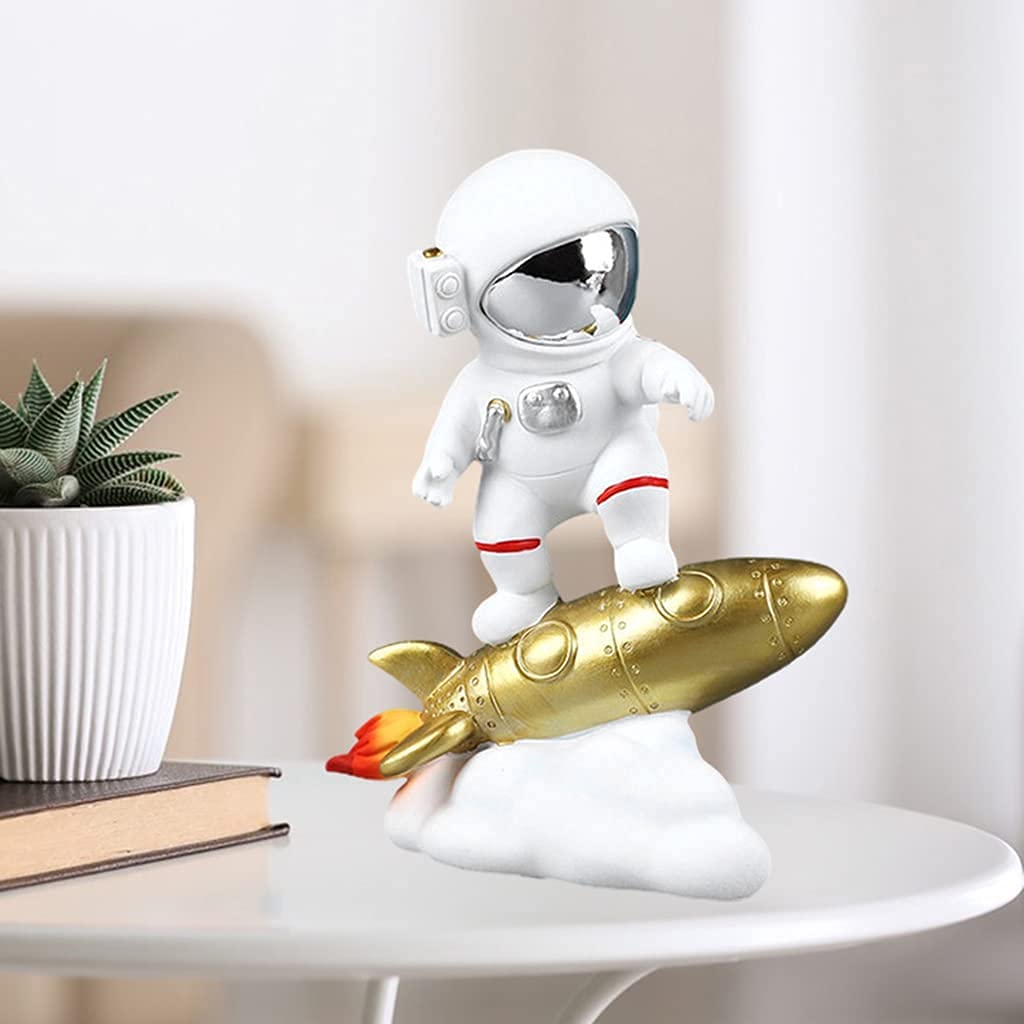 Figura de astronauta de resina, escultura de astronauta, estatua del espacio exterior para decoración del hogar, adorno de oficina, cohete dorado