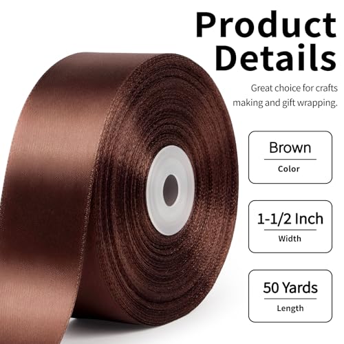 Image of Mauproy 1-1 /2 Inch Wide Brown Satin Ribbon, 50 Yards Solid Polyester Fabric Ribbon for Roses Making, Gift Wrapping, Flower Bouquets, Wedding Decorations, Handmade Crafts