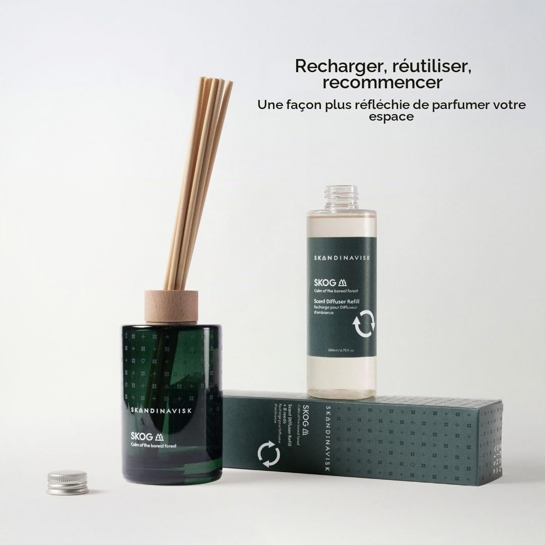 Skandinavisk Skog Recharge pour diffuseur de Parfum Forest avec 8 roseaux, durée de Vie + 3 Mois Notes : Aiguilles de pin et Pommes de Sapin, sève de Bouleau et muguet 200 ML