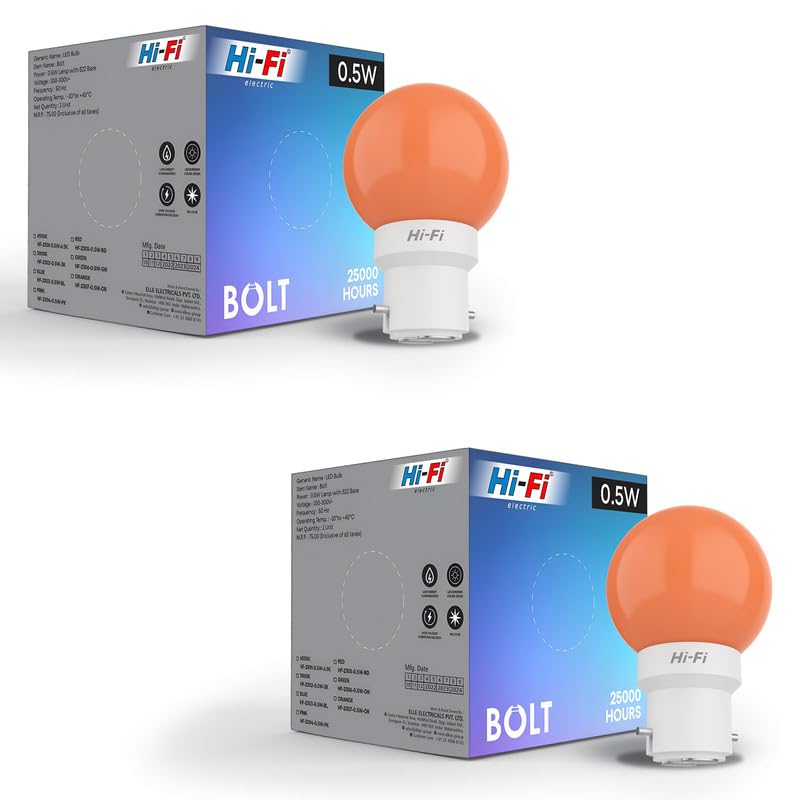 Hi-Fi 0.5W LED Bulb (Orange) B22 Base | Energy Efficient Zero Watt Light | Decorative Night Lamp for Home, pooja room light & Bedroom Zero Blub (Pack of 2)