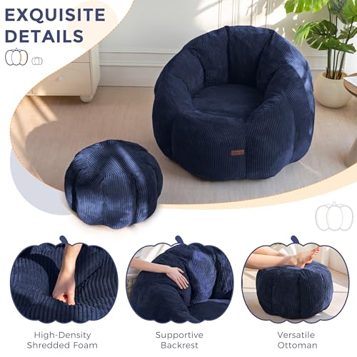 Image of MAXYOYO Giant Bean Bag Chair with Ottoman, Pumpkin-Shaped Bean Bag Sofa with Footstool, Oversized Boneless Couch Chair in a Box, Comfy and Lazy Lounge for Dorm, Living Room, Bedroom, Navy
