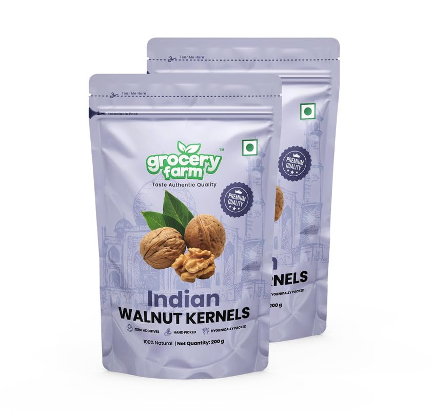 Grocery Farm Indian Walnut Kernels| Wholesome Goodness | Zero Additives | Rich & Delicious Dry Fruits| Nutritious Kashmiri Walnut for Guilt-Free Snacking | Natural Kashmiri Akhrot Giri | 200 gm Pack of 2 - 400gm