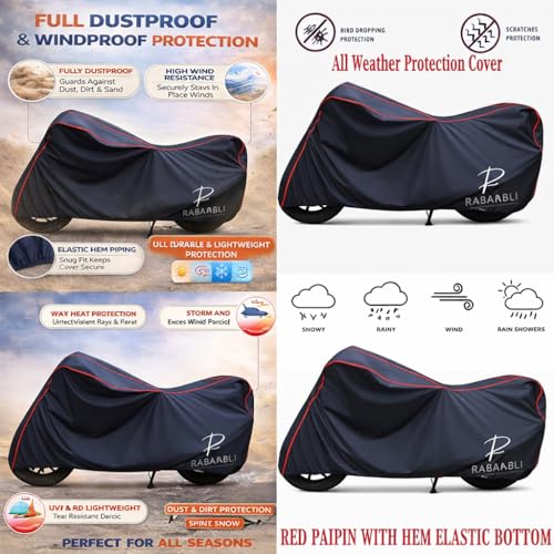 Image of Waterproof Bike Body Cover Compatible for | Bajaj Pulsar N160 ABS | Taffeta Fabric, Red Piping Design, Bottom Elastic Fit | Dustproof, Sun UV & Rain Protection for All Bikes