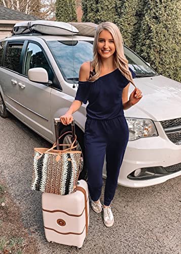 Image of PRETTYGARDEN Jumpsuits for Women Summer Off Shoulder Romper | Short Sleeve Drawstring Waist, Jogger Jumpers with Pockets, One Piece Spring Break Outfits, Vacation Travel Lounge Clothes