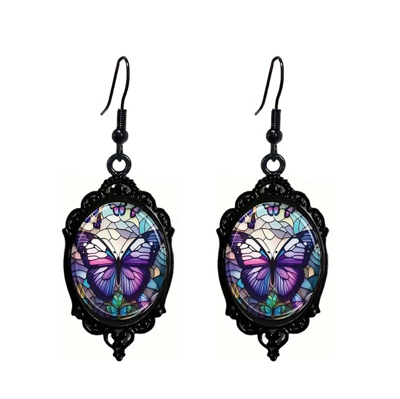 Butterfly Earrings for Women Vintage Gothic Glass Cameo Earrings Purple Butterfly Dangle Earring Purple Drop Earring Gothic Jewelry for Women Halloween Costume Accessories
