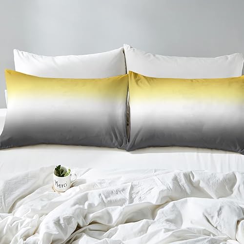 Miniatura 4 de Juego de edredón de color amarillo, blanco y gris, tamaño Queen, edredón colorido de plumón degradado, moderno, abstracto, suave, cálido, ligero,