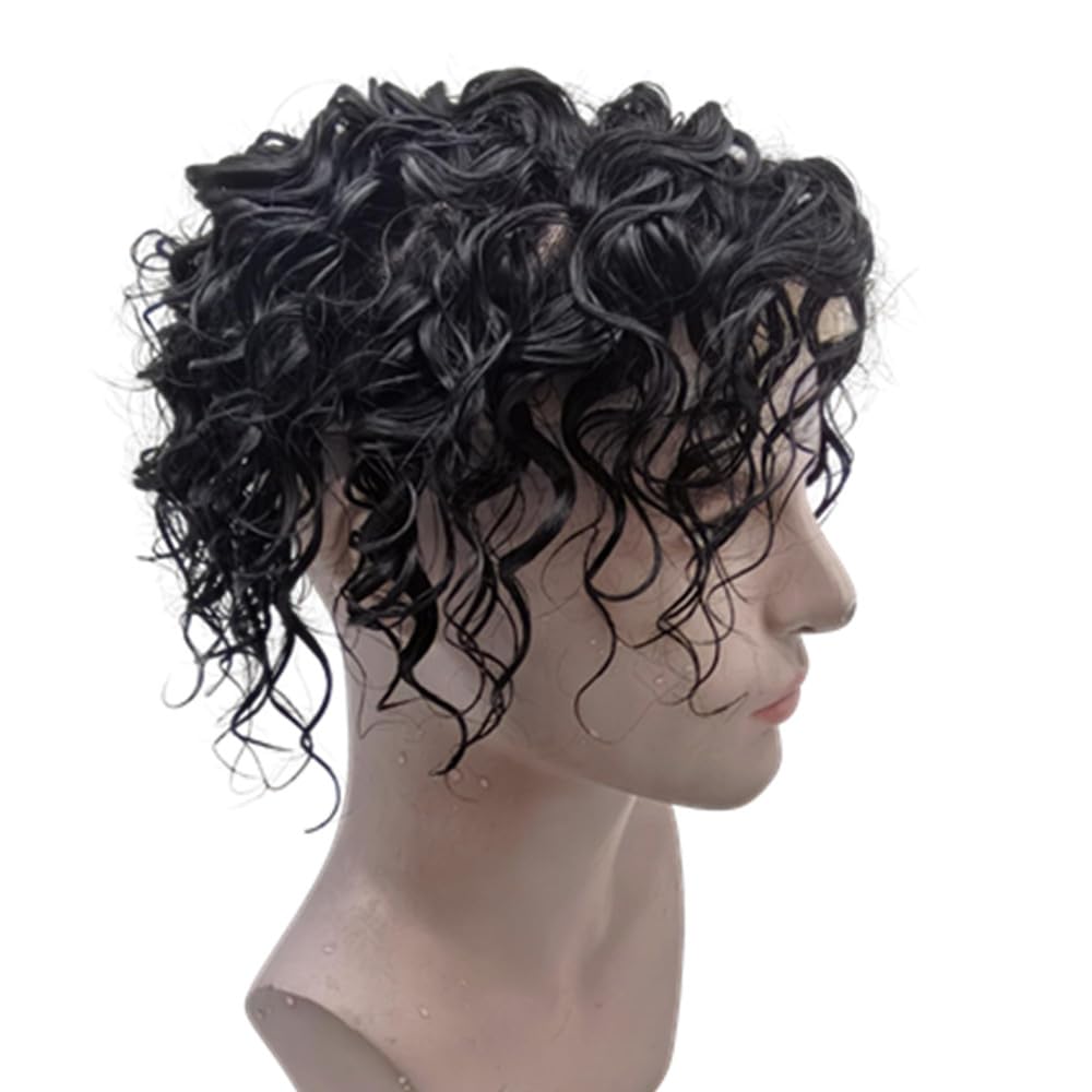 Toupee for mens wig Human Hair Pieces 10mm Spanish curly wave hair replacemnt system in 10x8" base size 6" length Vloop 0.04mm PU Thin skin hair prosthesis units patch for man #1 Jet black color