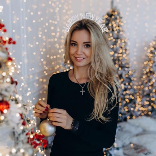 Minkissy 2PCS Happy New Year Headband Rhinestone Headband Tiara 2026 New Year Eve Hair Hoop Headdress for Women Girls Christmas Decoration Party Favors (Golden + Sliver) - Image 2