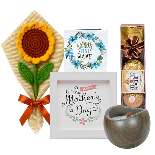 Image of TIED RIBBONS Gift for Mom, Birthday Gift for Mom Women Wife Mother in Law Mummy | Handcrafted Crochet Flower | Chocolate Gifts Pack | Printed Frame | Candle | Greeting Card from Daughter Son