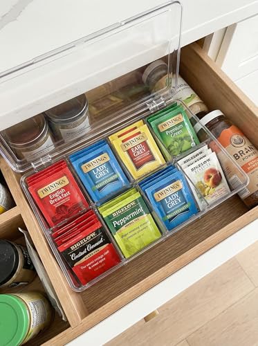 ZUMEHU Acrylic Tea Bag Organizer with Hinged Lid, Clear Stackable Tea Storage Box with Removable Dividers, 8-Compartment Plastic Organizer for Tea Bags, K-Cups, Pantry & Countertop