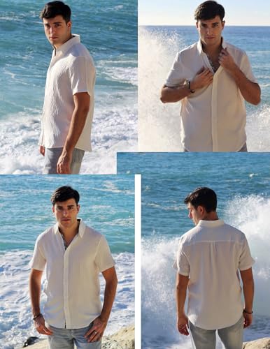PJ PAUL JONES Men's Button Down Short Sleeve Shirt Casual Summer Beach Textured Wedding Shirts White — view 5