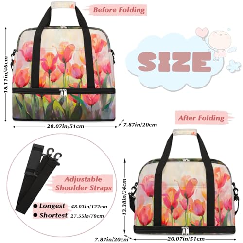 Travel Duffel Bags Tulips Pattern Foldable Weekender Bags for Women with Shoes Compartment Waterproof & Tear Resistant Carry on Overnight Luggage Duffel Bag Shoulder Sports Tote Bag2