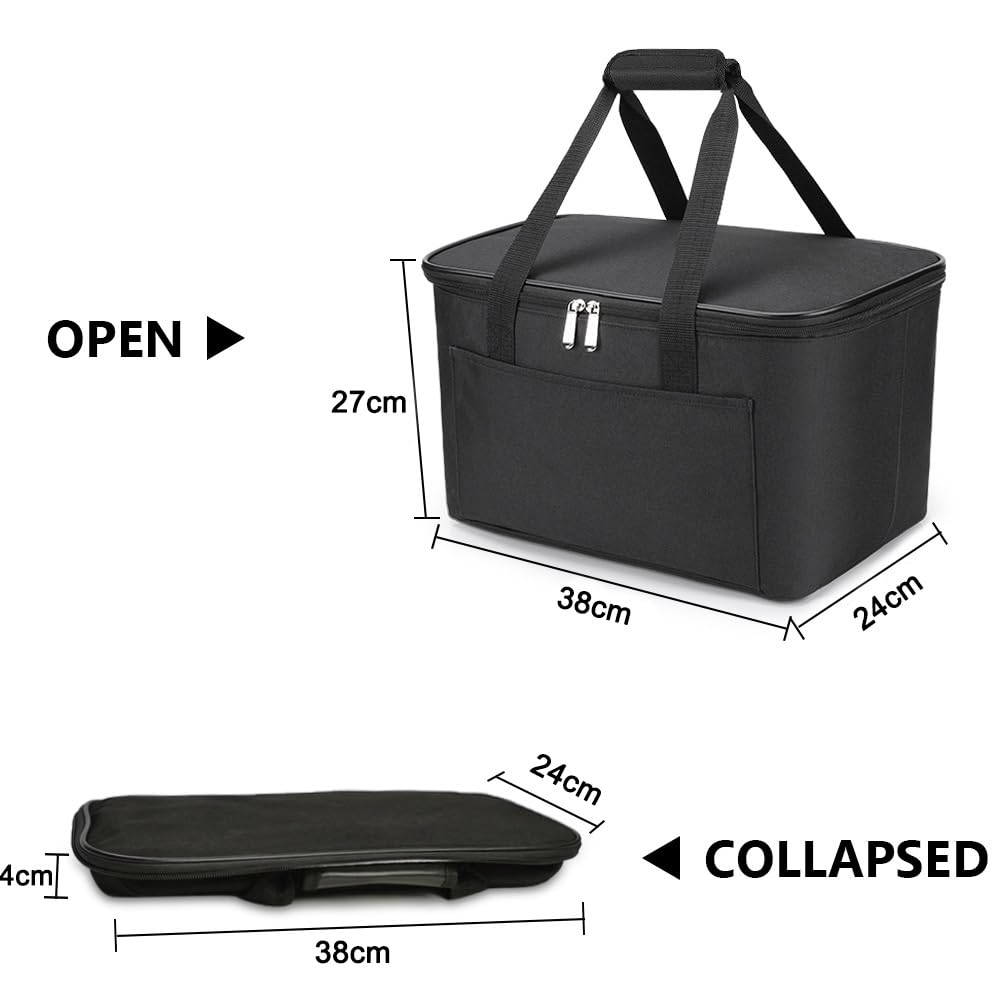 Sac à provisions, sac isotherme, sac thermique pliable, robuste, avec sac de transport à fermeture éclair pour les rassemblements, les pique-niques et les achats (22 L, Noir).
