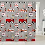 Feelyou Kids Fireman Shower Curtain Boys Fire Engine Firefighter Bath Curtain Red Fire Truck Vehicle Pattern Bathroom Shower Curtain Set for Girls Stalls Decor Waterproof Curtains 72x72 Inch