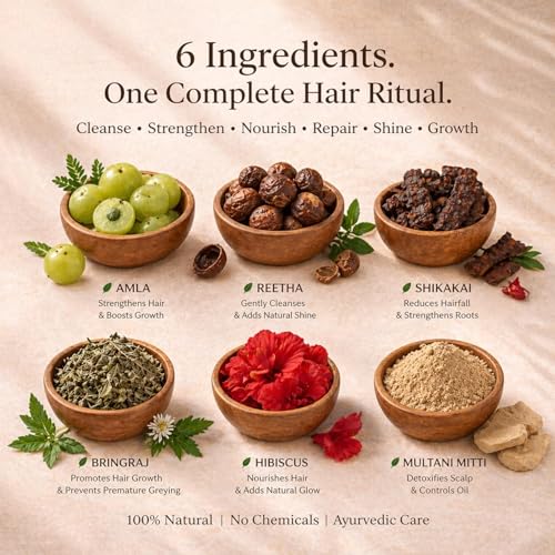 Image of Amla, Reetha, Shikakai, Bhringraj, Hibiscus and Multani Mitti Powder for Hair Care - Natural Hair Mask (Pack of 6, 150gm Each, Total 900 Grams)