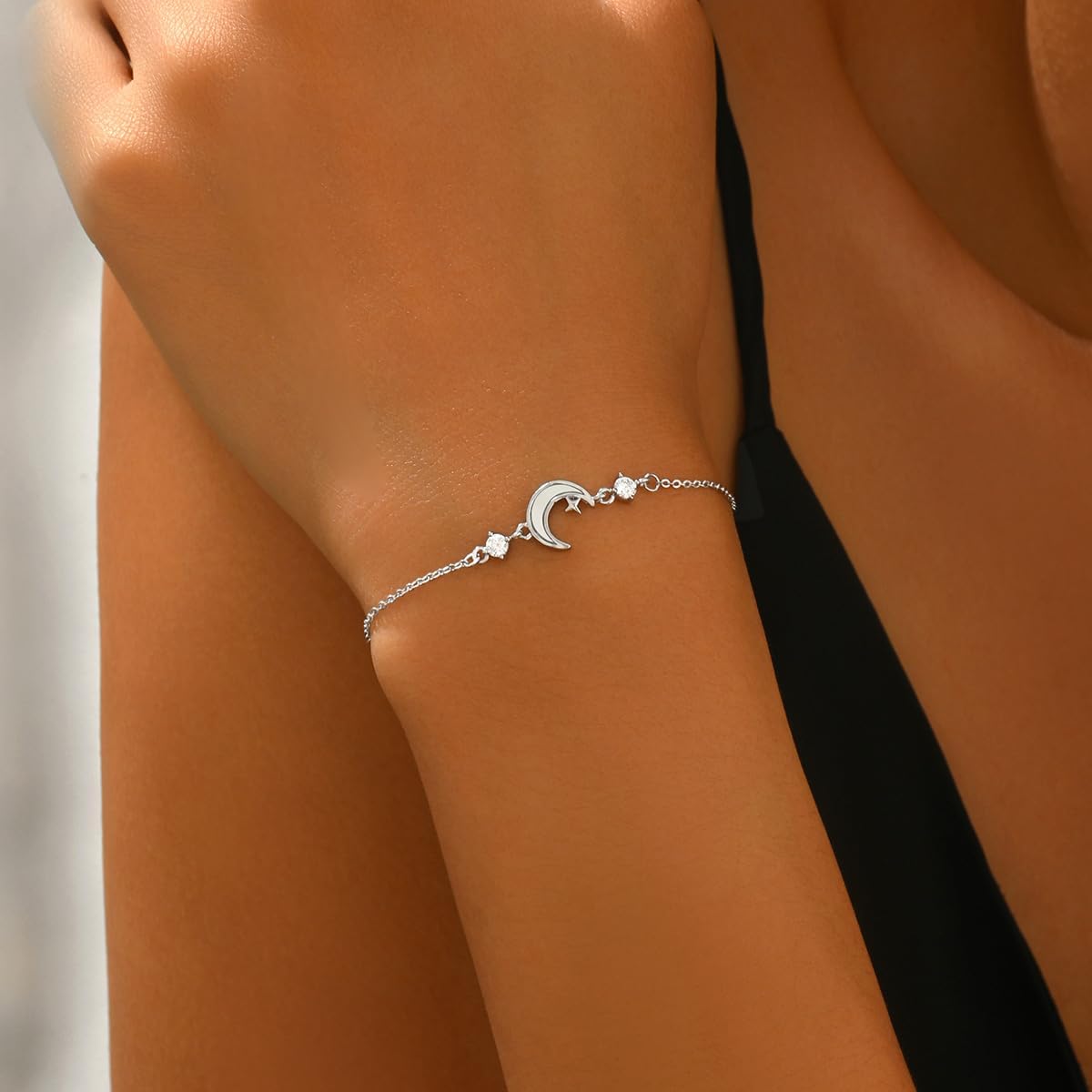 Moon Bracelet For Women Crescent Sterling Silver Bracelets Dainty Link Chain Charm Bracelet CZ Diamond Personalized White Shell Moon Star Adjustable Bangle Bracelets Valentine's Day Birthday Anniversary Jewelry Gift For Her Women Lover Mom Daughter Sister - Image 3