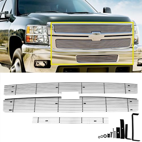 Chrome Front Grill Compatible with 2007-2010 Chevy Silverado 2500HD/3500HD Chrome