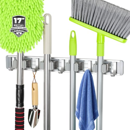 Image of reliahom Broom Holder Wall Mount Mop Hanger Tools organizer 4Racks 5Hooks | Adjustable Stick or Screw Mop Broom Wall Hanging Tool Storage Rack Space-saving for Garage,Kitchen,Laundry Room,Garden,Silver