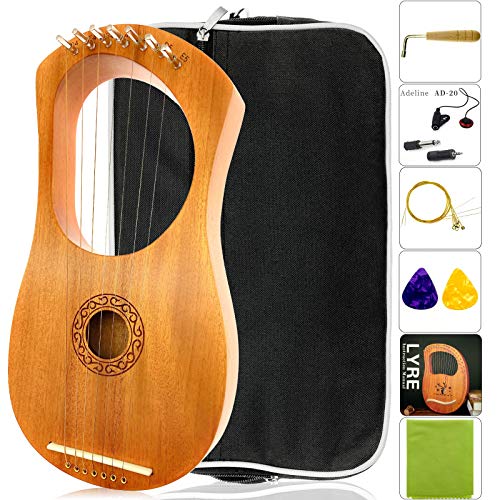 Hymnoun Lyre Harp, 7 Metal String Bone Saddle Lye Harp Mahogany String Instrument with Tuning Wrench Extra one Set String Piezo Pickup and Gig Bag…