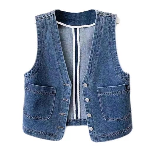 Image of Denim Waistcoat Women Sleeveless Lightweight Oversized with Pockets