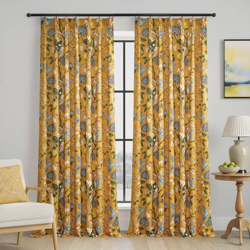 Image of Mustard Yellow Floral Pinch Pleat Curtains 102 Inches Long,Extra Long Lemon & Hummingbird Blackout Drapes for High Ceilings Living Room Bedroom Farmhouse, 2 Panels