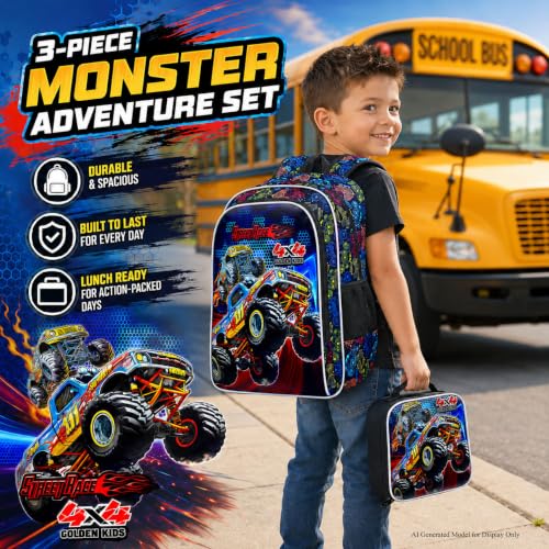 Image of 16 inch Truck Backpack, 3Pcs Boy Bookbag for Elementary Preschool Kindergarten, Kids School Backpacks with Lunch Box (Black)