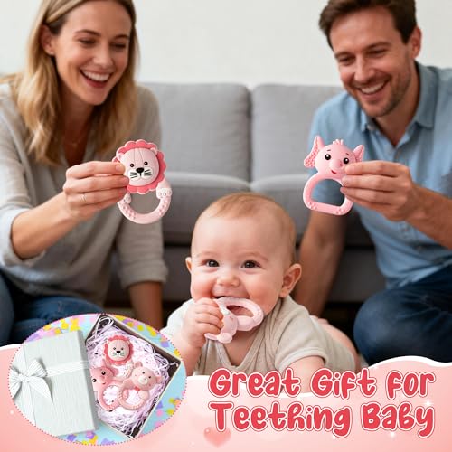 Image of 3Pcs Silicone Teether for Babies Girls, BPA Free Rattle Teething Toys | Pink Bear Lion Elephant Baby Rattle, Food Grade Teething Relief Sensory Toy, Sore Gums Pain Chew Toy for Newborn, 6-12 Months