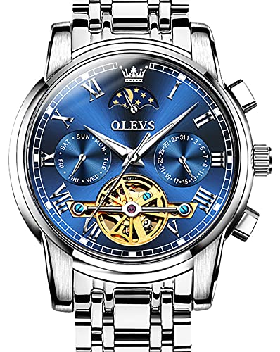 OLEVS Automatic Mechanical Men Watch Tourbillon Moon Phase Blue Face Stainless Steel Dress Luminous Waterproof Date Male Wrist Watch