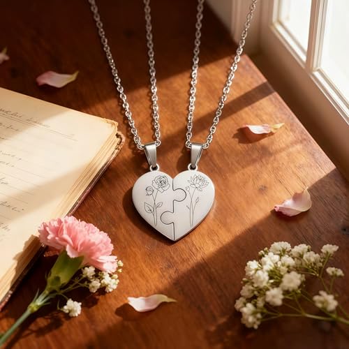 Personalized Name & Birth Flower BFF Necklace for 2/3/4/5, Mom and Daughter Matching Necklace, Custom Family Friendship Couple Necklace Set, Best Friend Name Engrave Heart Puzzle Pendant Necklace