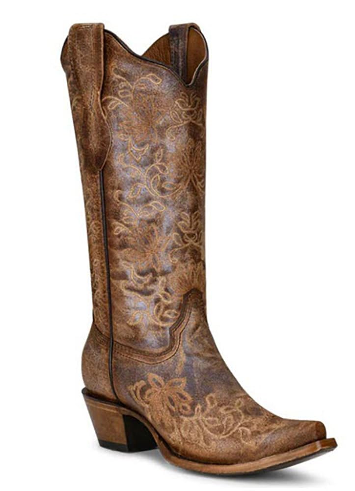 L2038 - WOMENS EMBROIDERY BROWN SNIP TOE COWBOY BOOT