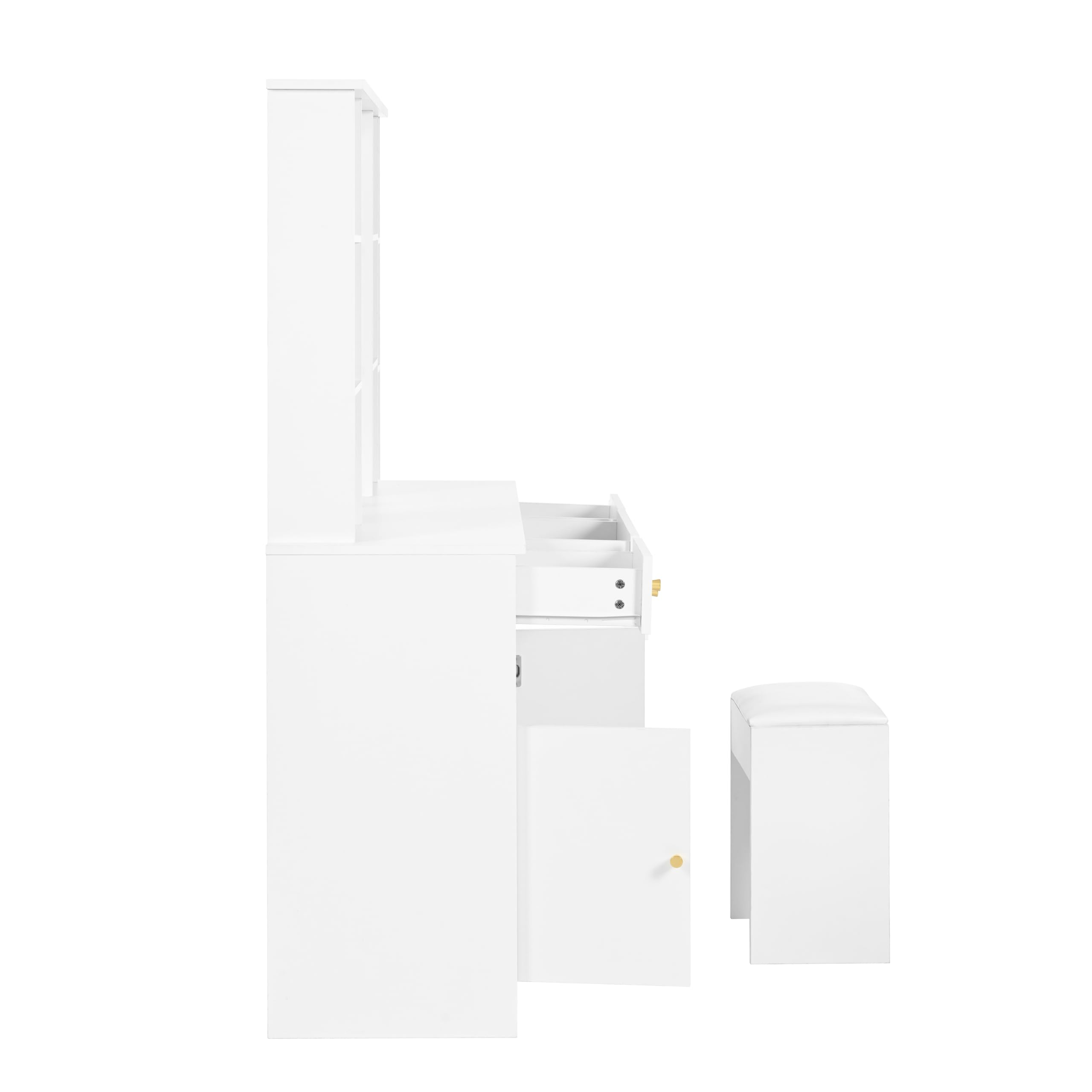 Große Schminktisch mit Verstellbaren LED-Beleuchtung, Make-up Tisch mit Spiegel & Hocker, 110×40×151cm, Schminktisch-Set mit 3 Schubladen und 2 Türen für Schlafzimmer, Weiß