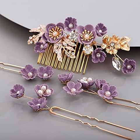 BERYUAN Rhinestone Flower Hair Pieces Bridal Purple Flower Hairpins Hair Comb Set for Bride Bridesmaid（4pcs） Cover