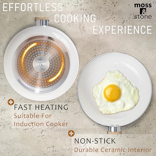 Image of Moss & Stone 6 Pcs White Nonstick Cookware Set, Pots And Pans Set Non stick With Glass Lid, Induction Cookware, Stay-Cool Handle PTFE /PFOA Kitchen Pots 6-Piece with Frying Pans & Saucepan