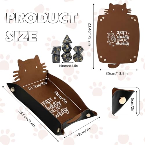 1 Stück Würfeltablett Mit Katzenmotiv und 7 Stück Würfel | Samt & Leder Dice Tray für DND, RPG & Brettspiele | Würfelteller mit Metallknöpfen | Würfelbrett