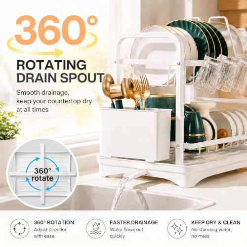 Image of COMFYHOME Dish Drying Rack, 2-Tier Wrought Iron Space-Saving Kitchen Dish Drainer with Cup Holder, Drainboard & Utensil Holders, Rustproof Counter Organizer for Pots, Plates, Cups, Utensils, Bartan