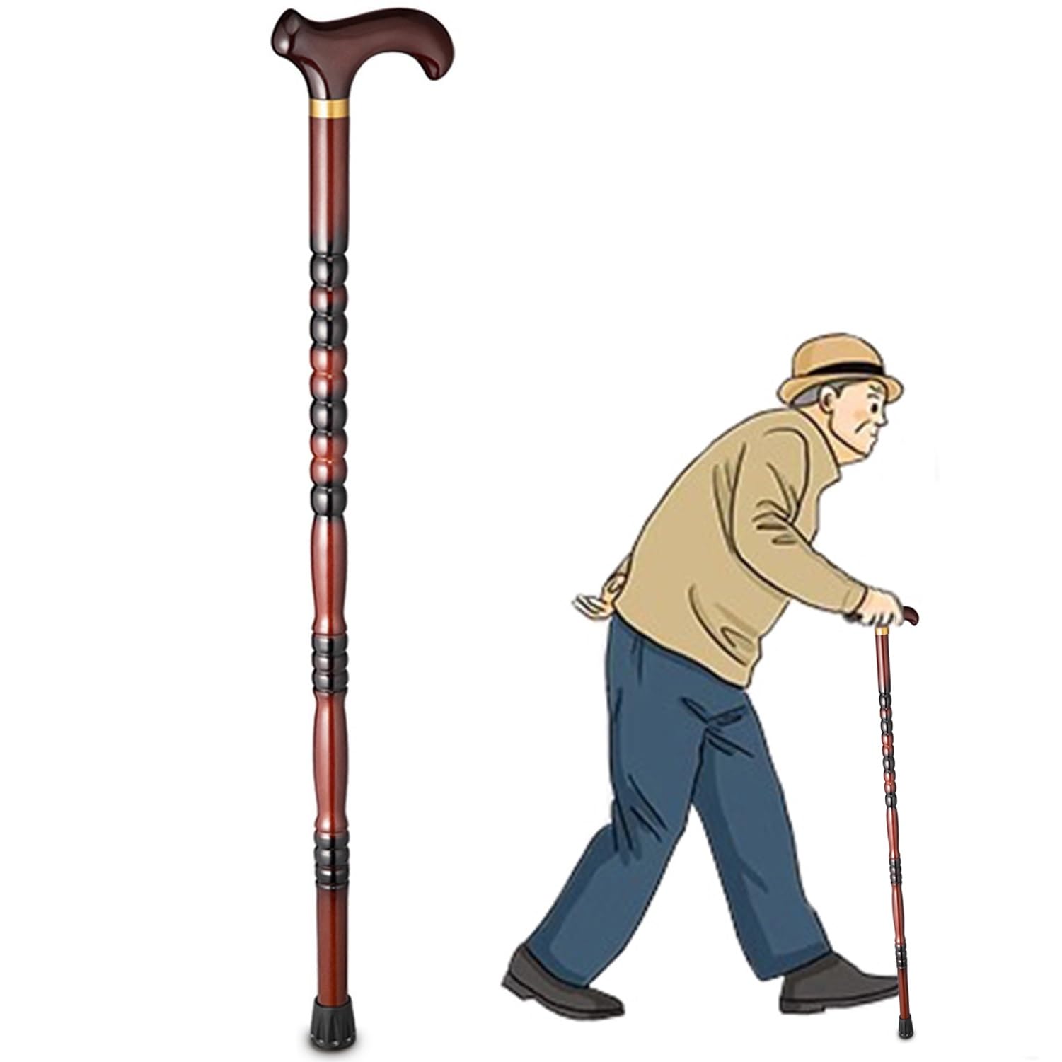 Drewniana laska do chodzenia, ręcznie rzeźbiona drewniana laska z gumową końcówką, mocna i stabilna, udźwig 300 funtów, ergonomiczna laska dla seniorów (brązowo-czerwona nr 1)