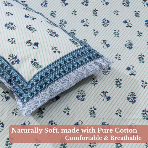 Image of Jaipur Weaves Jaipuri Double Bed Cotton Bedsheet Queen Size 90x85, 120 TC 100% Pure Cotton Bed Sheet with 2 Pillow Covers, Floral Traditional Print (Blue Motifs, Double)